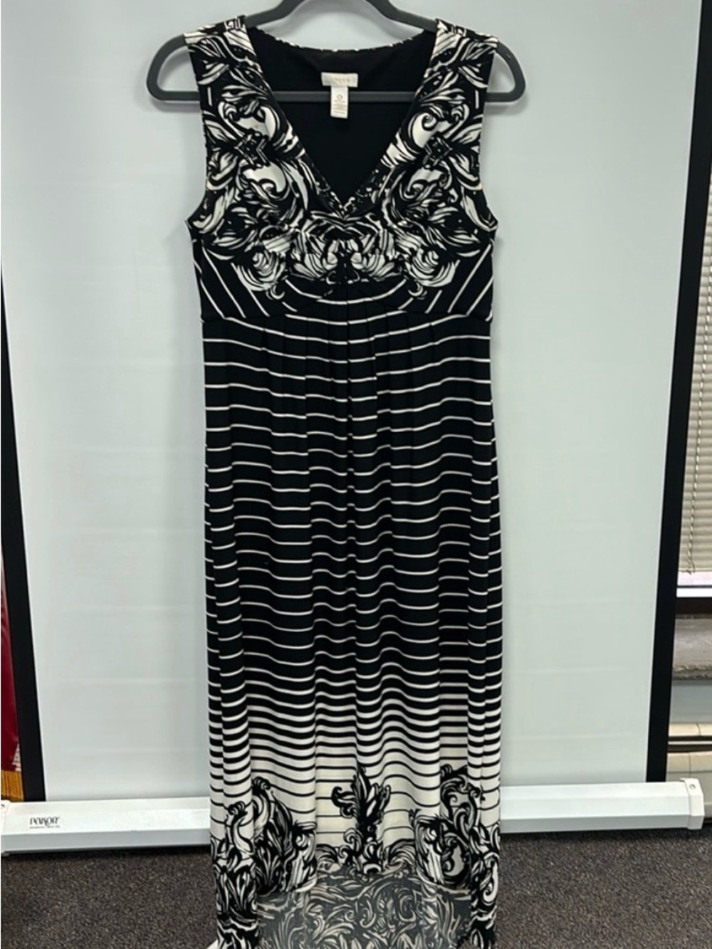 Chico's Black and White Sleeveless Maxi Dress with Floral and Stripe Mix